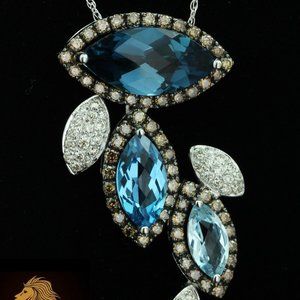NEW / Levian couture / 6.5 CT Diamond Aquamarine London Topaz necklace / 14K